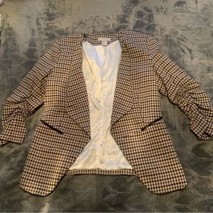 H&M: Brown, Houndstooth, Gathered 3/4 Sleeve Blazer, Lined Size 12